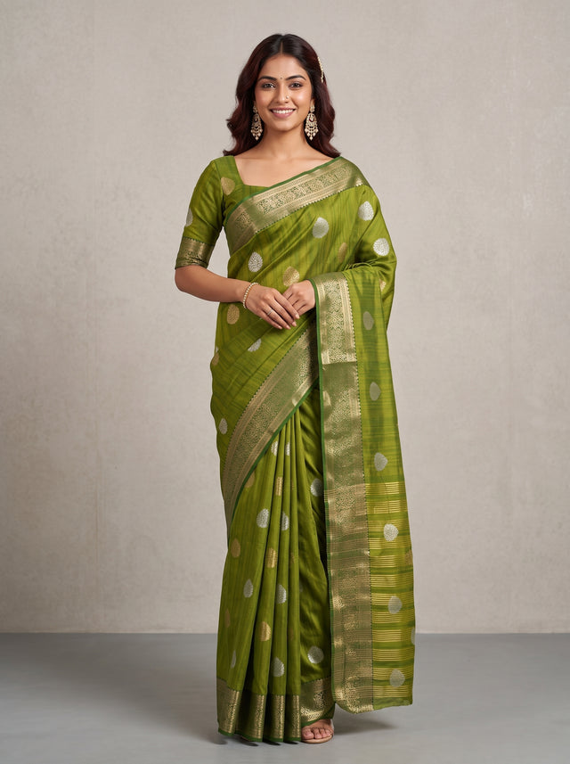MIMOSA Olive Banarasi Saree — front view on mannequin