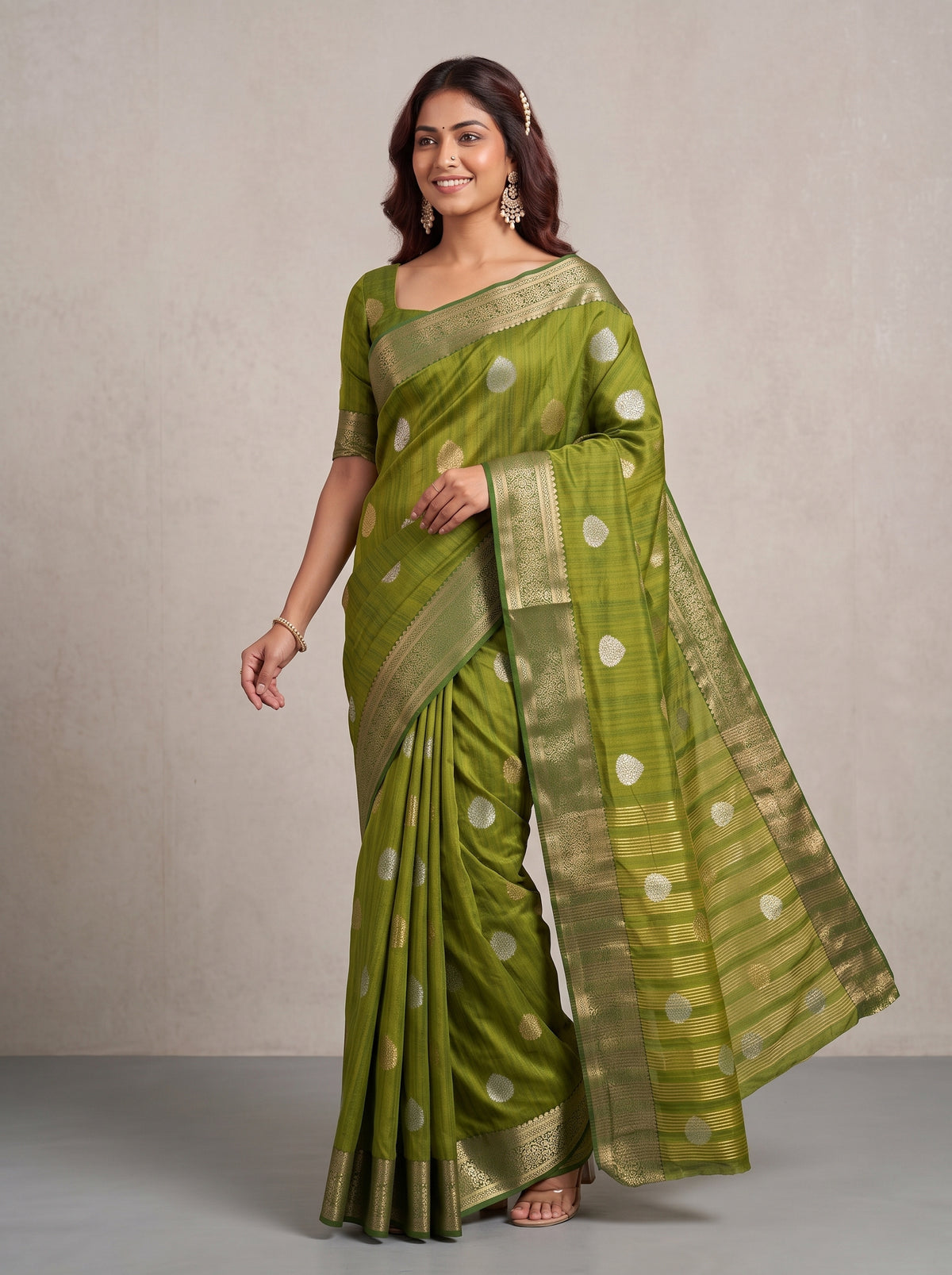 MIMOSA Olive Banarasi Saree — pose 5 styling detail