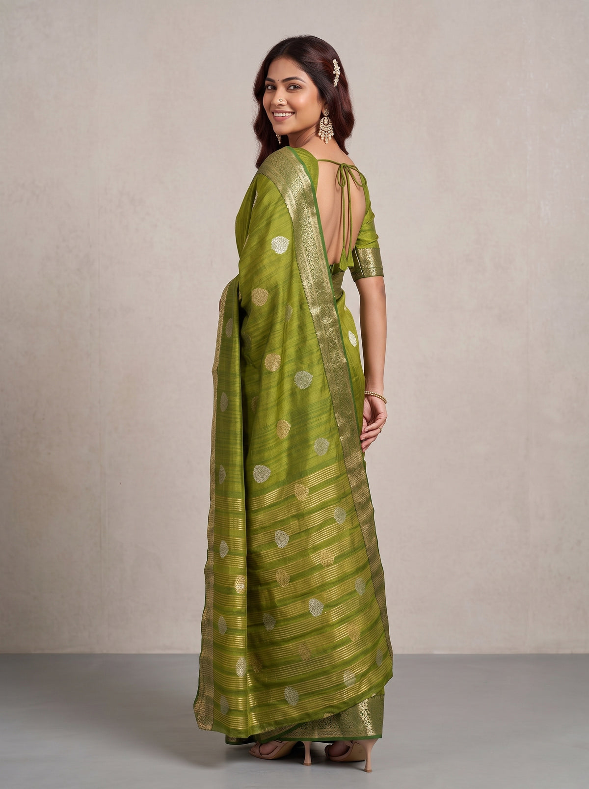 MIMOSA Olive Banarasi Saree — pose 7 styling detail