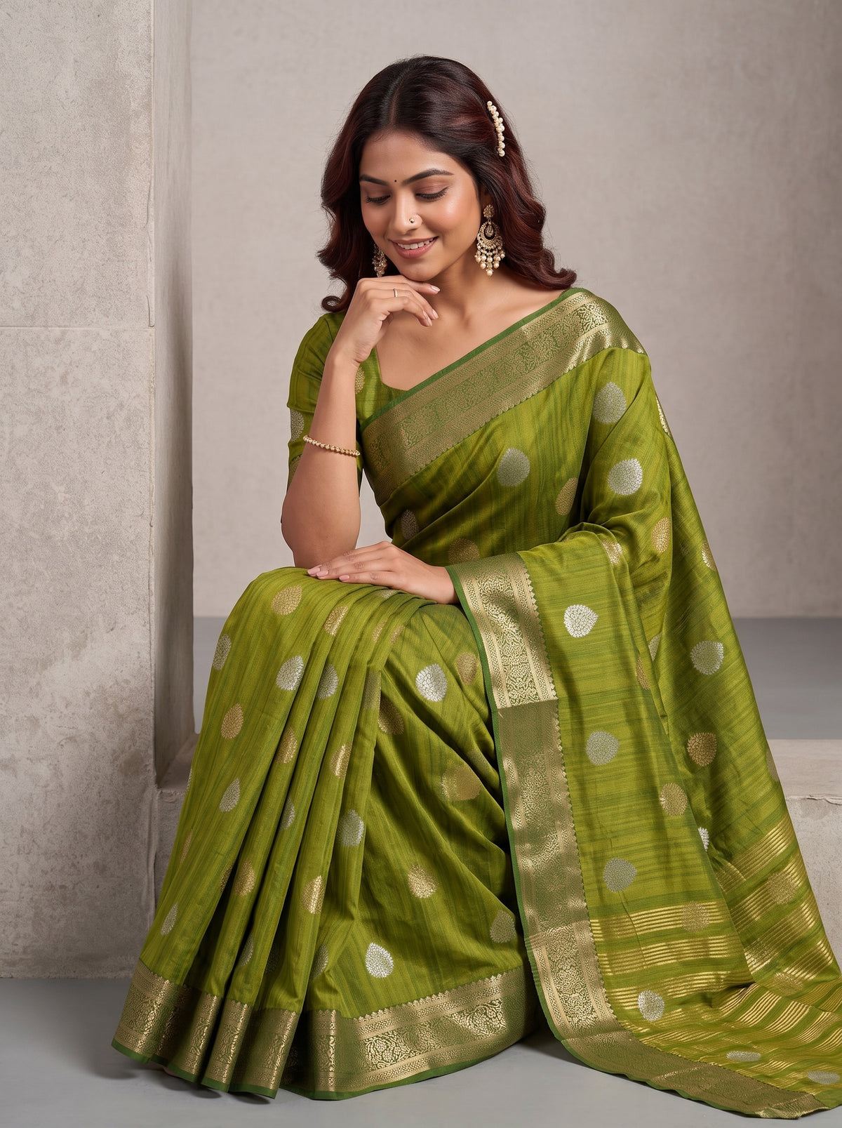 MIMOSA Olive Banarasi Saree — pose 8 styling detail