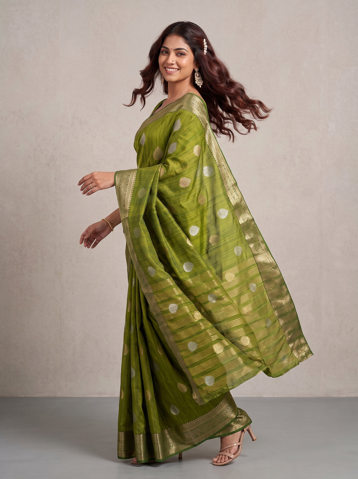 MIMOSA Olive Banarasi Saree — pose 9 styling detail