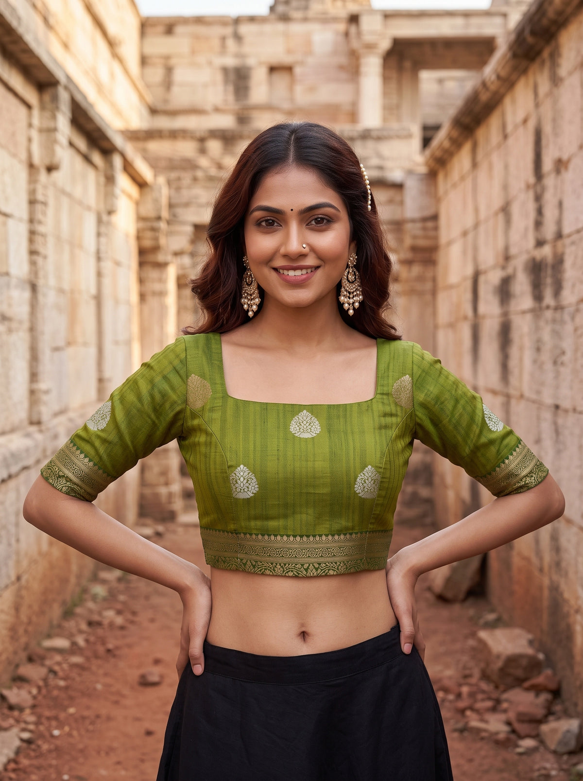 MIMOSA Olive Banarasi Saree — blouse close-up