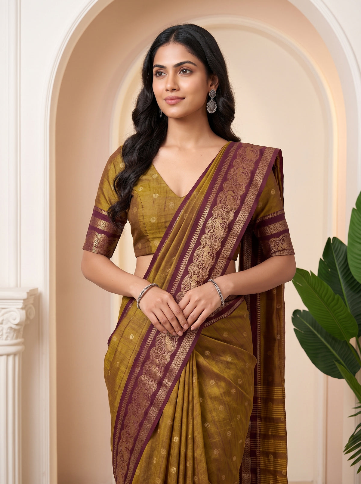 MIMOSA Wine Banarasi Saree — pose 10 styling detail