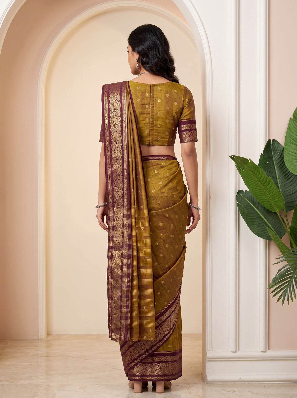 MIMOSA Wine Banarasi Saree — pose 2 styling detail