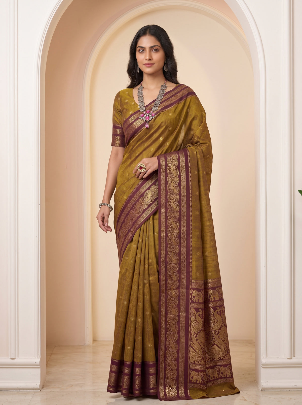 MIMOSA Wine Banarasi Saree — pose 5 styling detail
