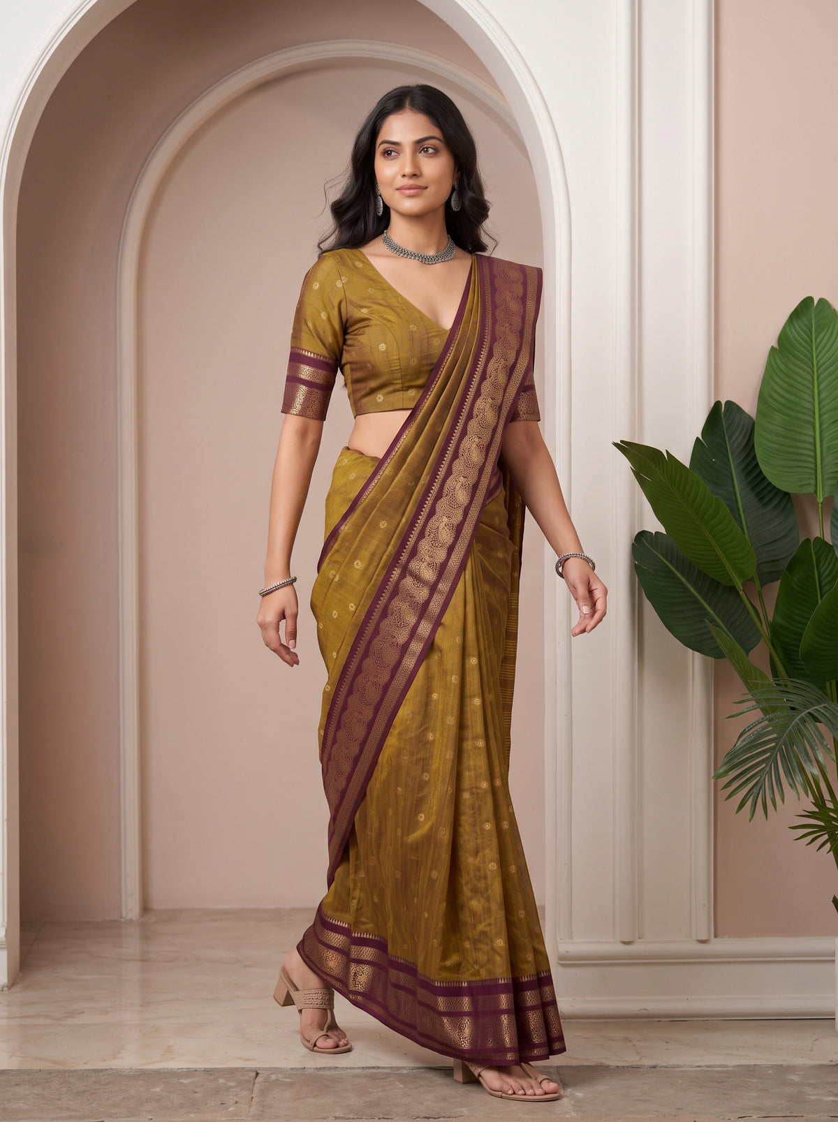 MIMOSA Wine Banarasi Saree — pose 6 styling detail