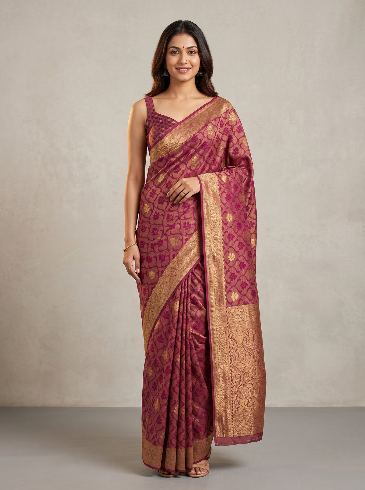 MIMOSA Wine Kanjivaram Art Silk Saree — AI model wearing saree
