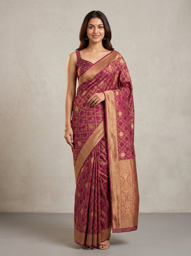 MIMOSA Wine Kanjivaram Art Silk Saree — AI model wearing saree