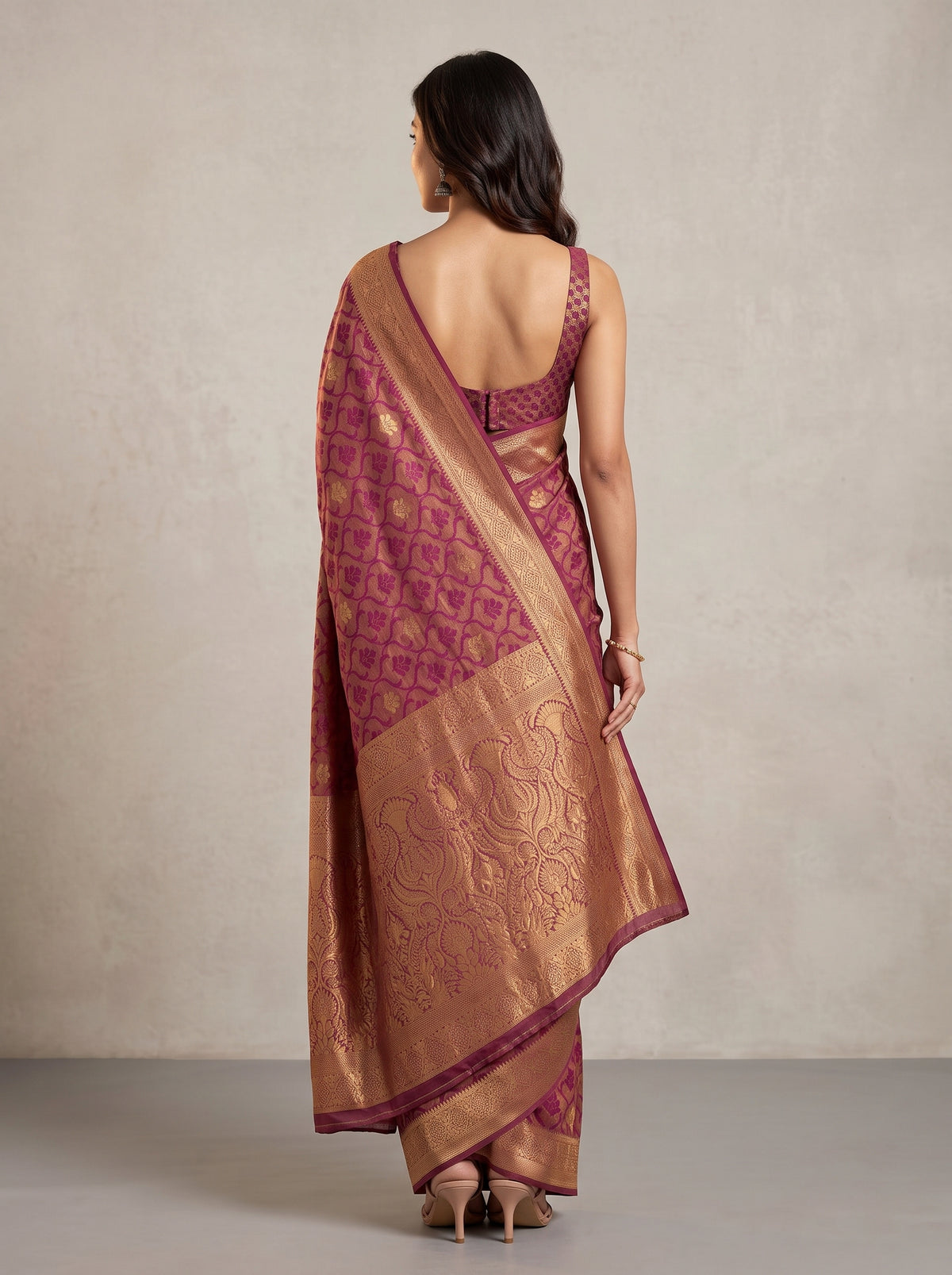 MIMOSA Wine Kanjivaram Art Silk Saree — Saree shot with pallu and body details