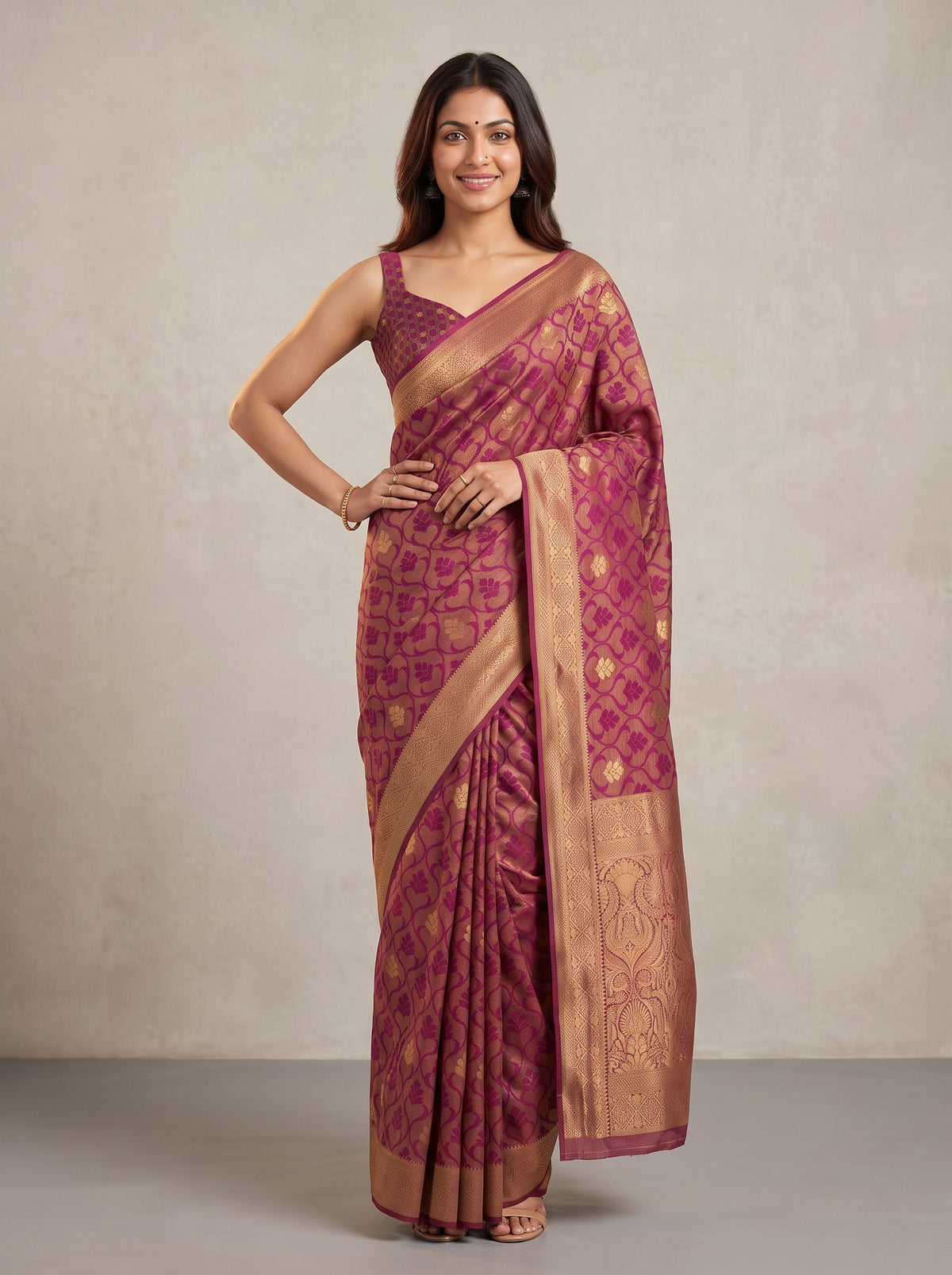 MIMOSA Wine Kanjivaram Art Silk Saree — pose 4 styling detail