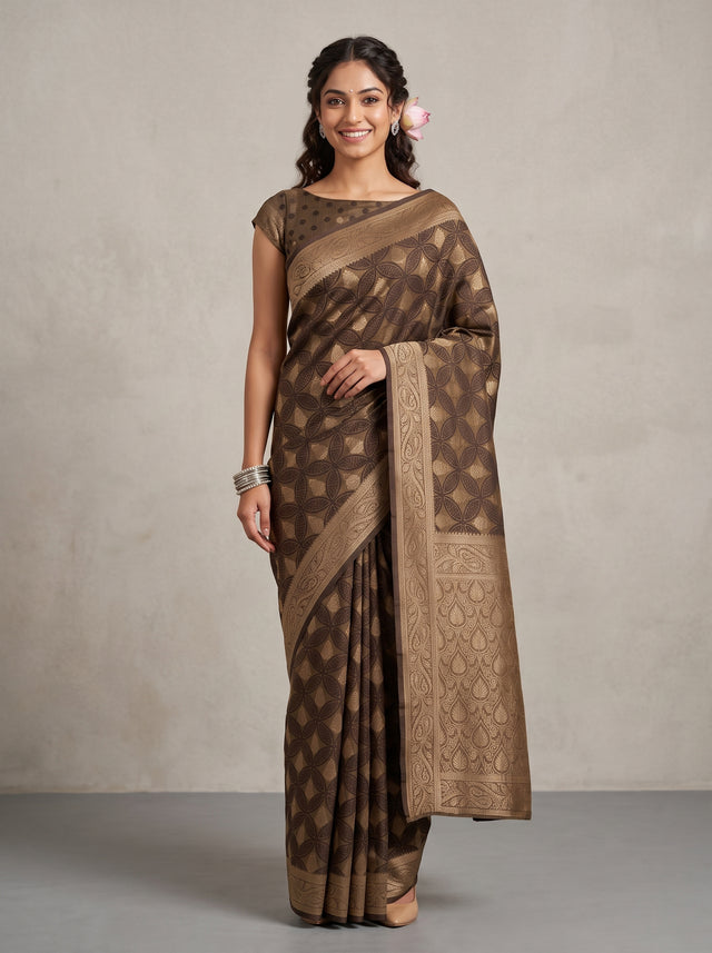 MIMOSA Chocolate Kanjivaram Saree — front view on mannequin