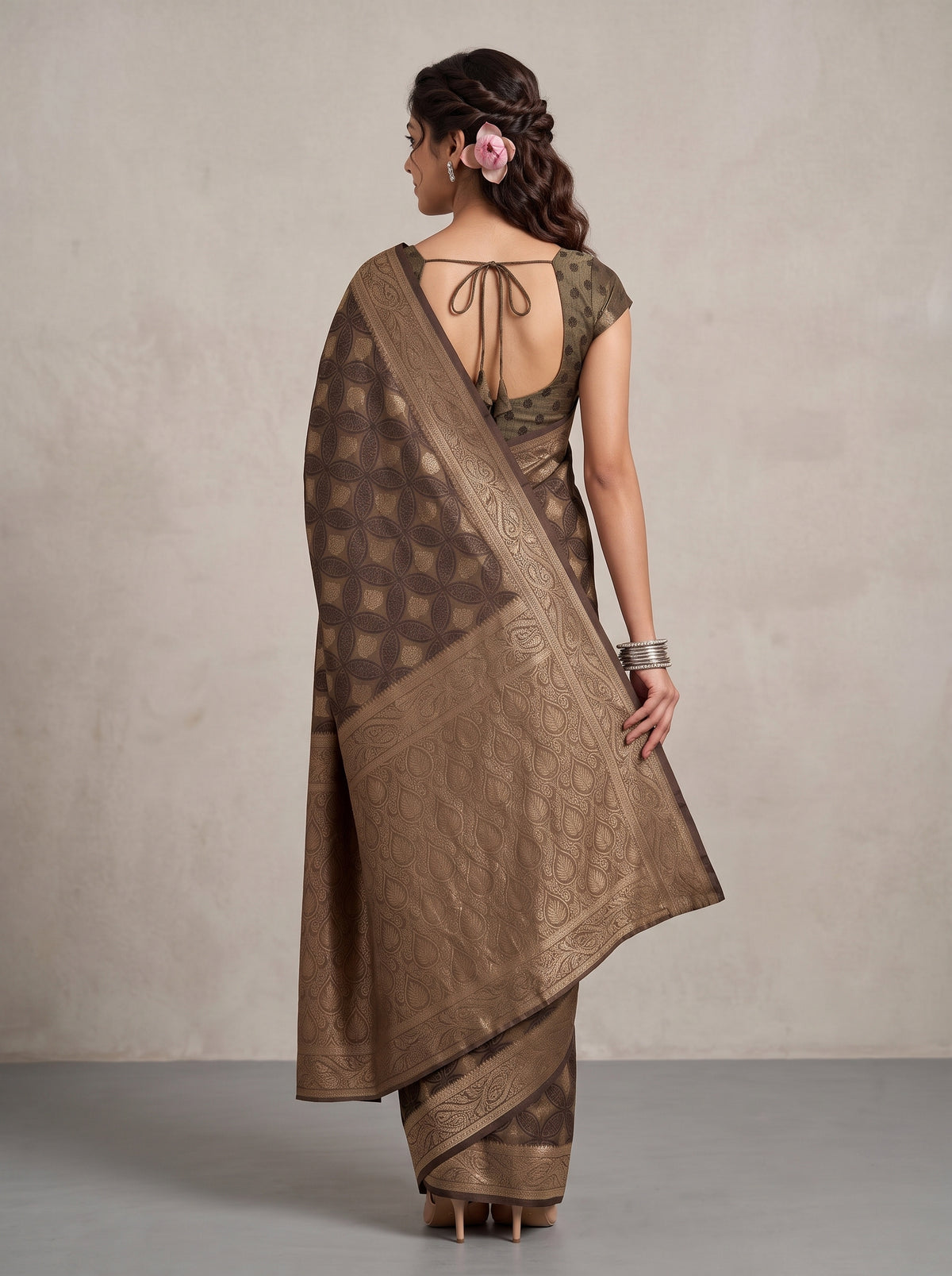 MIMOSA Chocolate Kanjivaram Saree — pose 2 styling detail