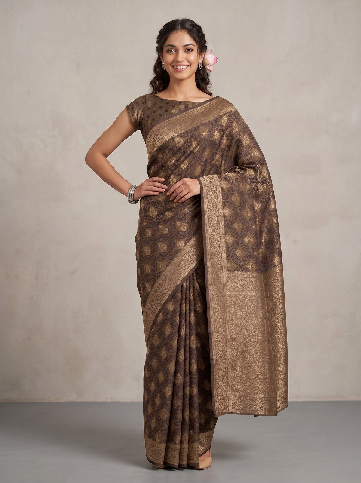 MIMOSA Chocolate Kanjivaram Saree — pose 4 styling detail