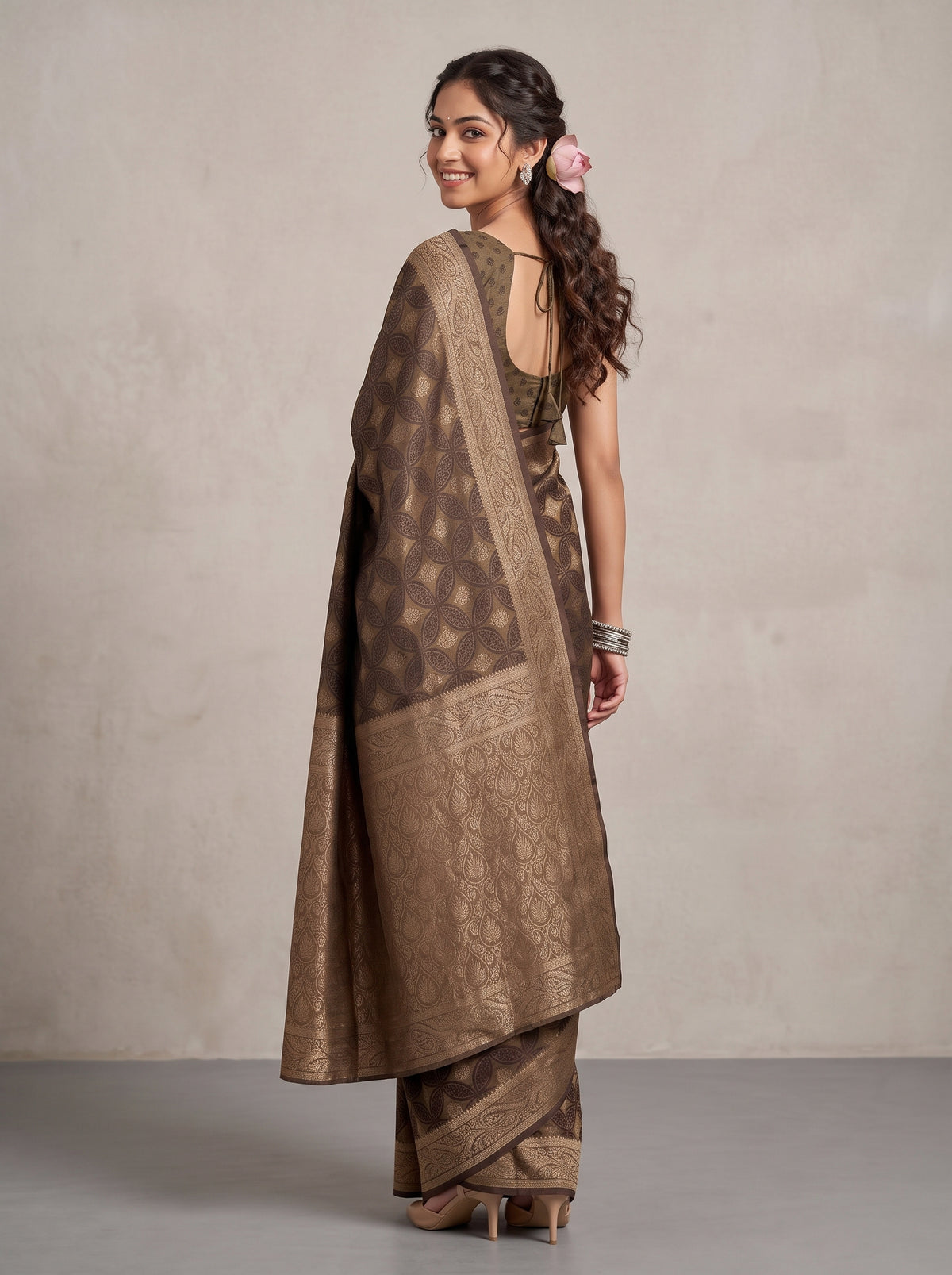 MIMOSA Chocolate Kanjivaram Saree — pose 7 styling detail