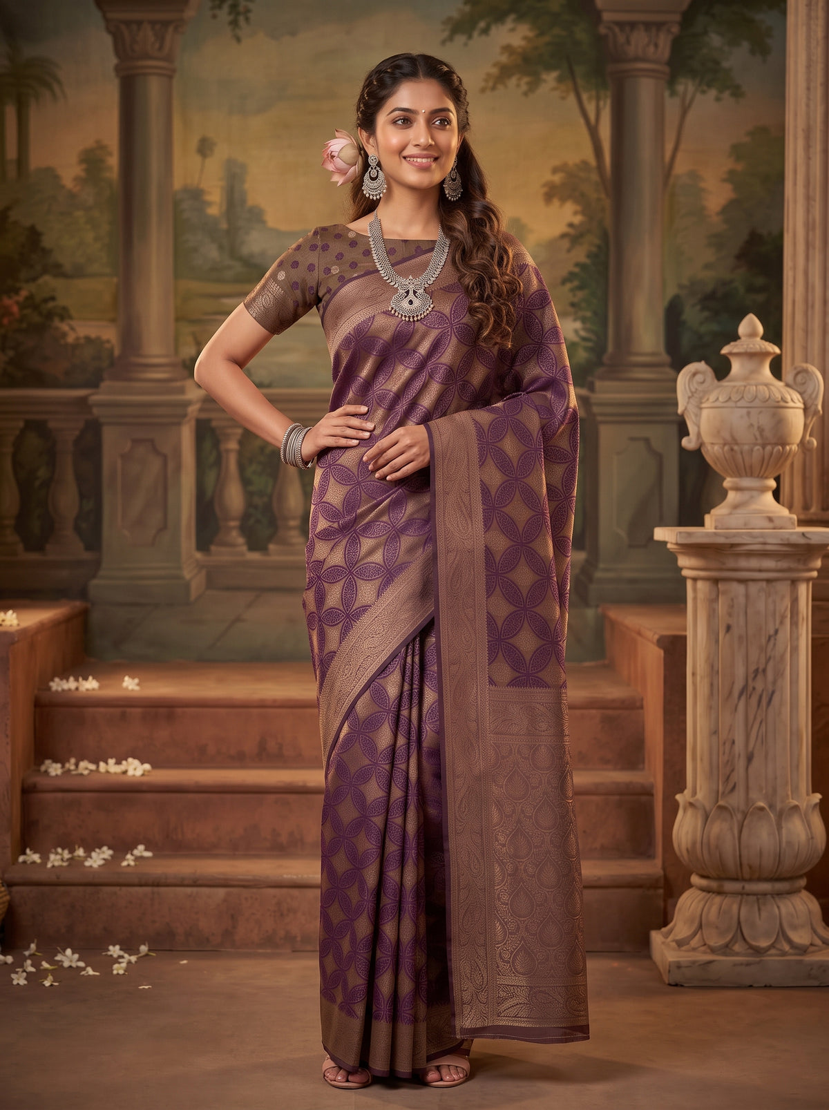 MIMOSA Jamun Kanjivaram Saree — pose 4 styling detail