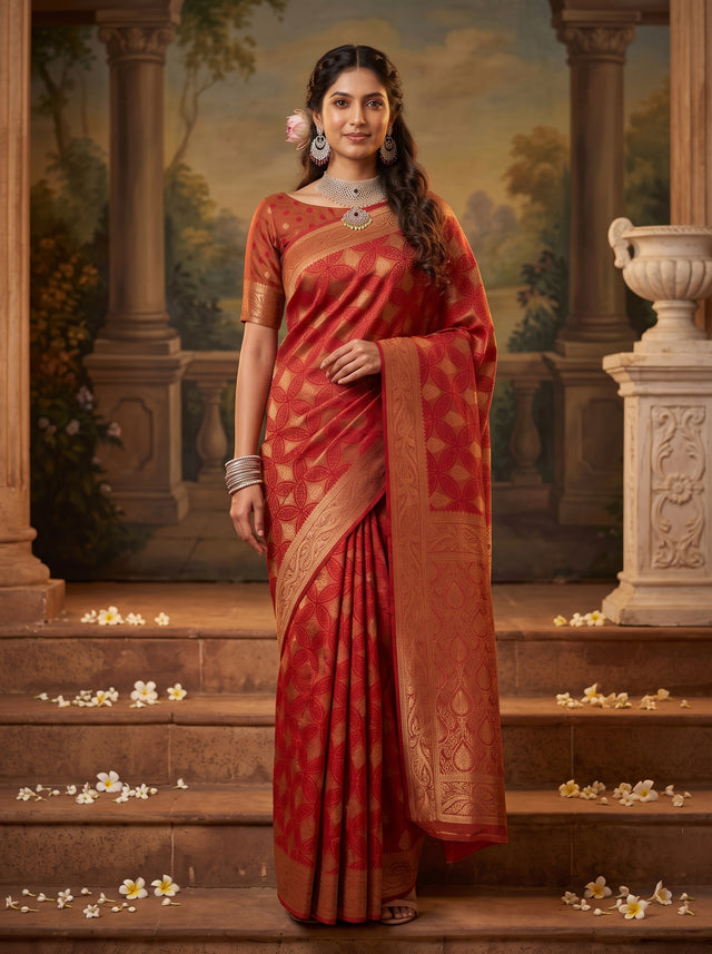 MIMOSA Red Kanjivaram Saree — front view on mannequin