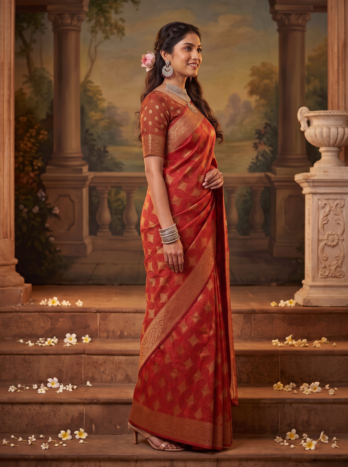 MIMOSA Red Kanjivaram Saree — pose 3 styling detail