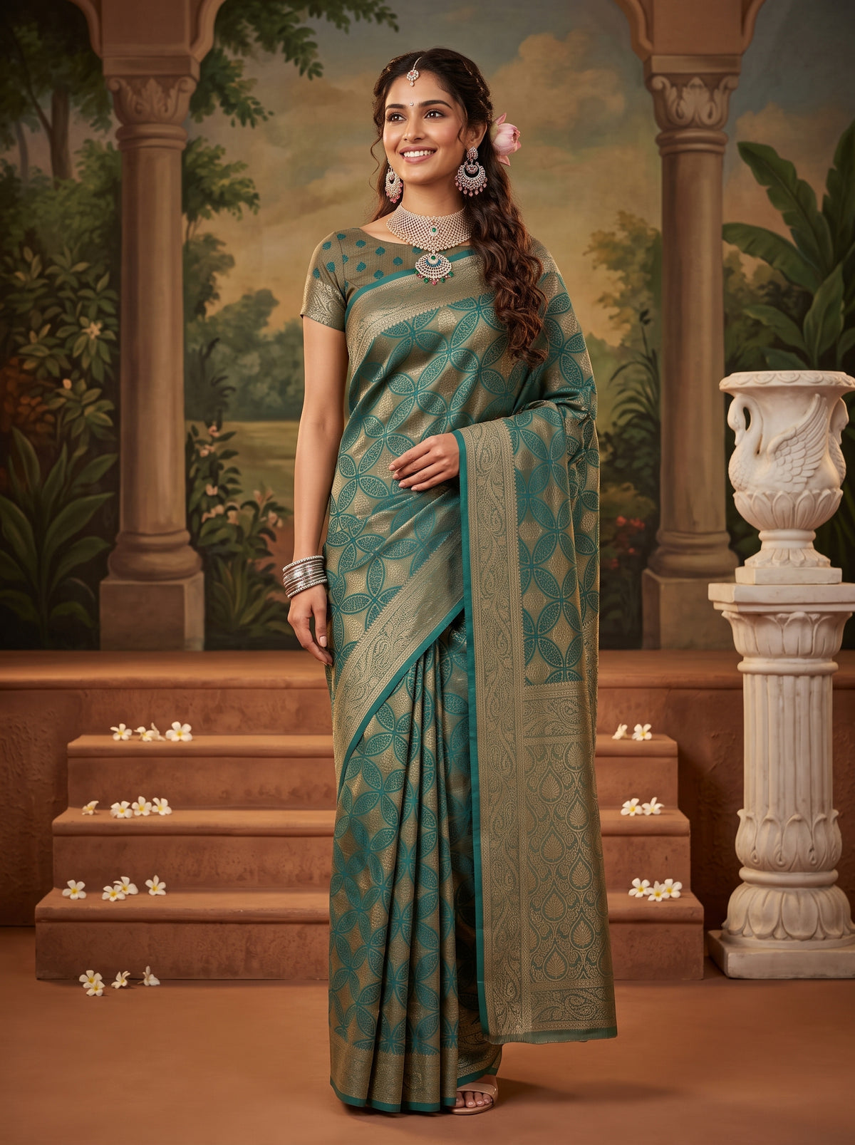 MIMOSA Sapphire Kanjivaram Saree — front view on mannequin