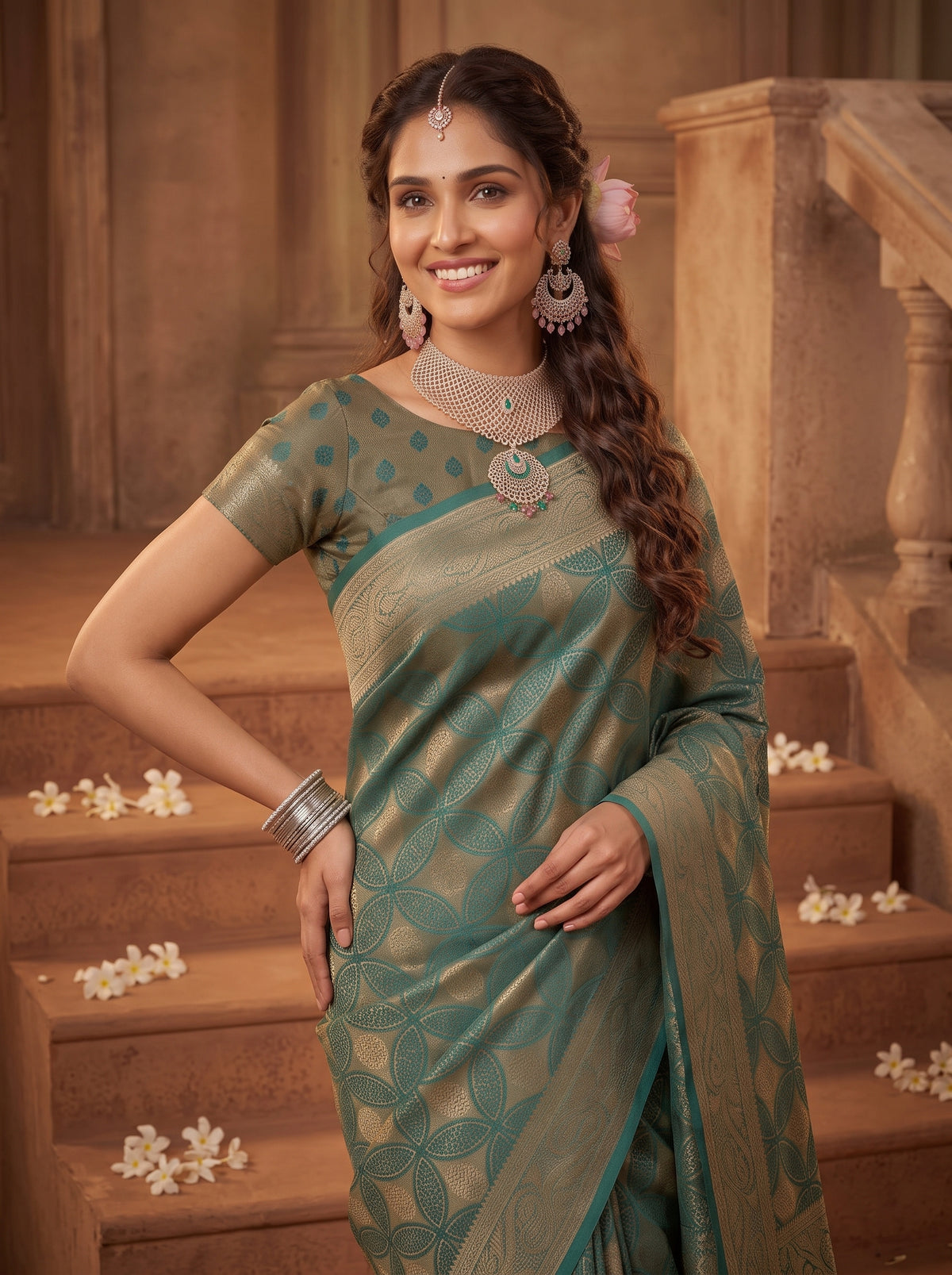 MIMOSA Sapphire Kanjivaram Saree — pose 10 styling detail