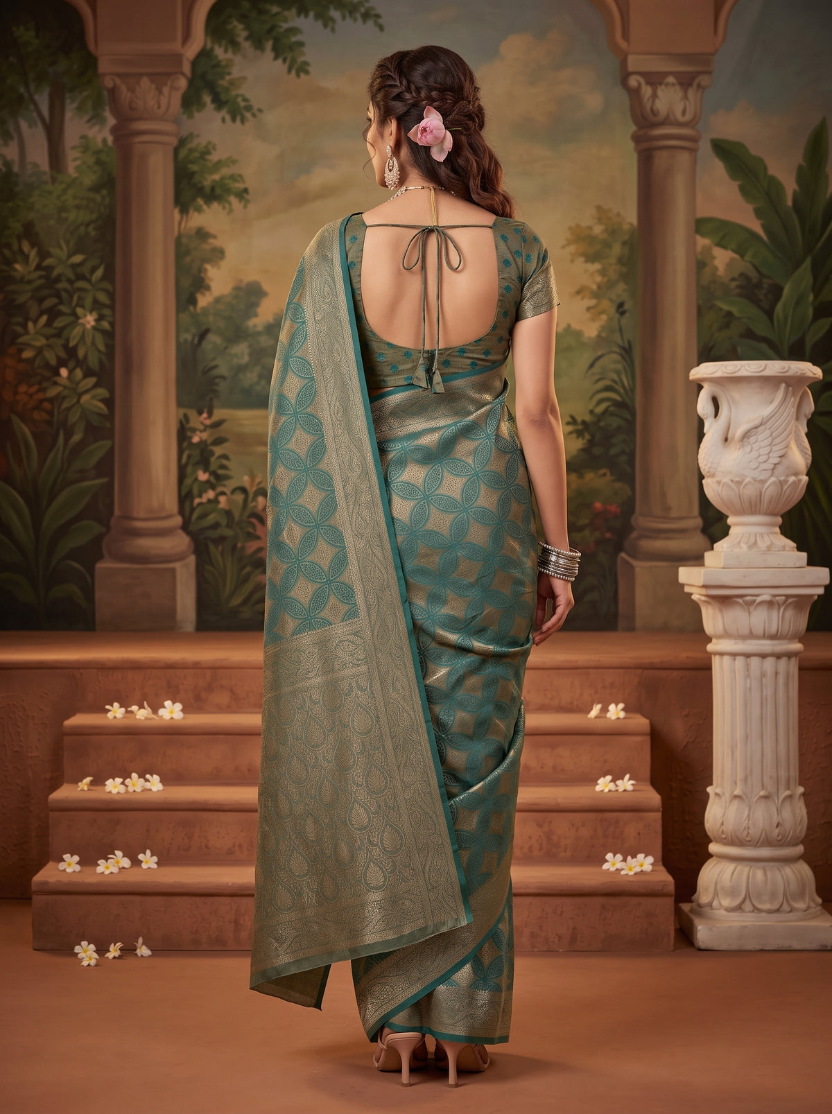 MIMOSA Sapphire Kanjivaram Saree — pose 2 styling detail