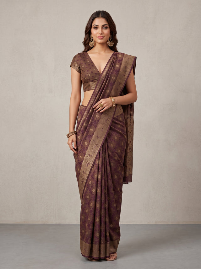 MIMOSA Jamun Kanjivaram Saree — front view on mannequin