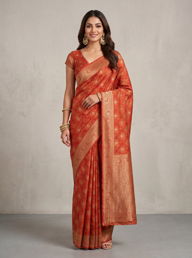 MIMOSA Red Kanjivaram Saree — front view on mannequin