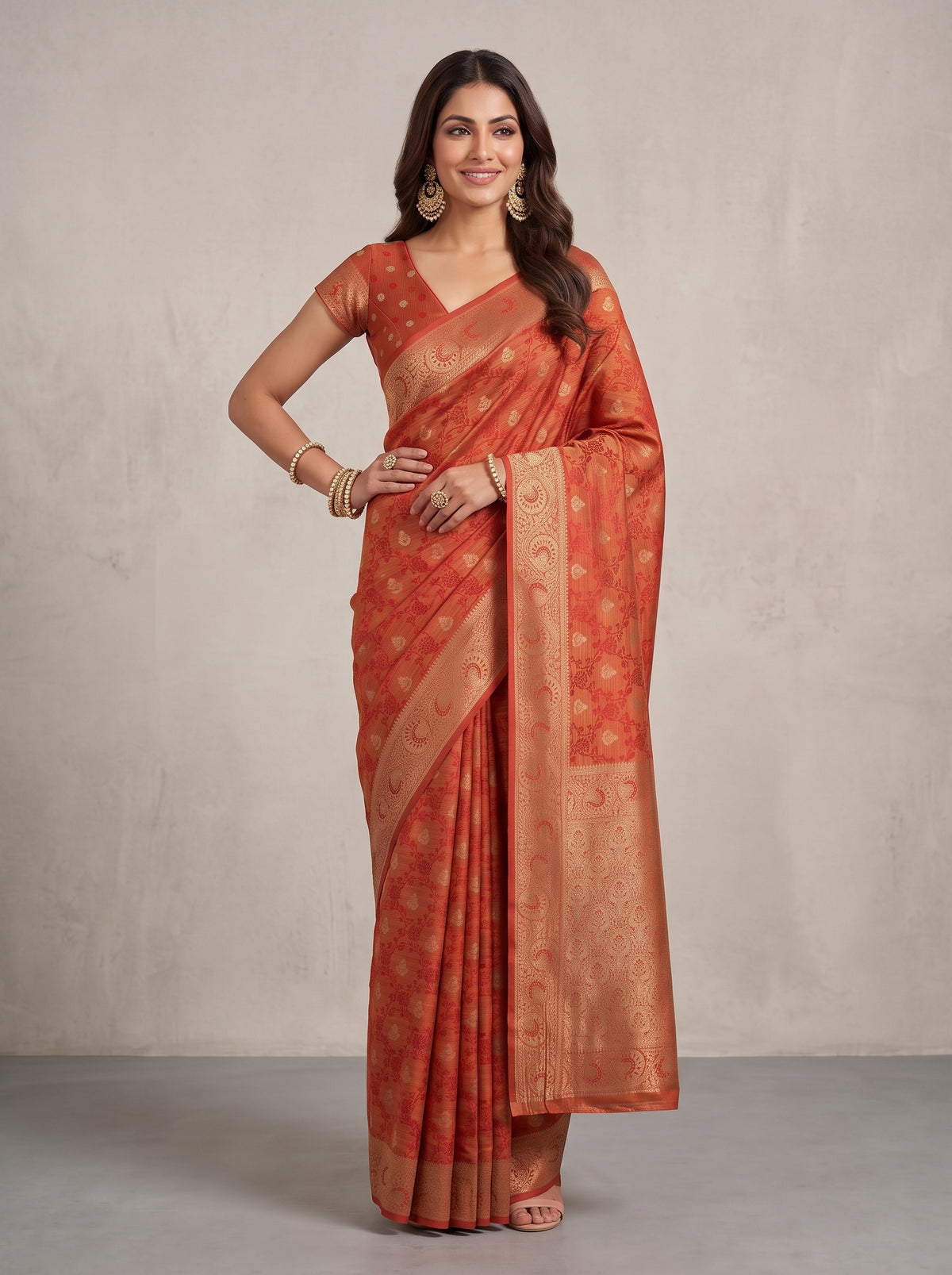 MIMOSA Red Kanjivaram Saree — pose 4 styling detail