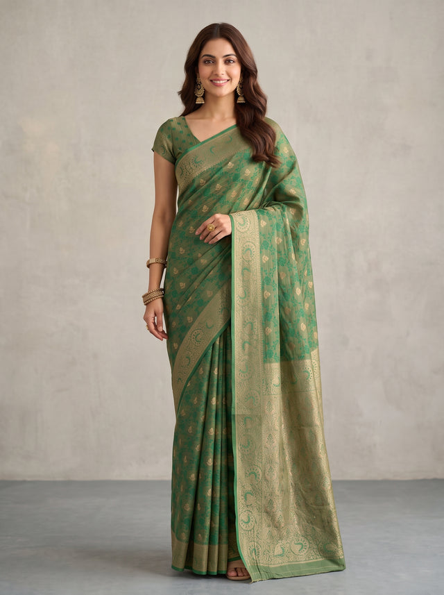 MIMOSA Rama Kanjivaram Saree — front view on mannequin
