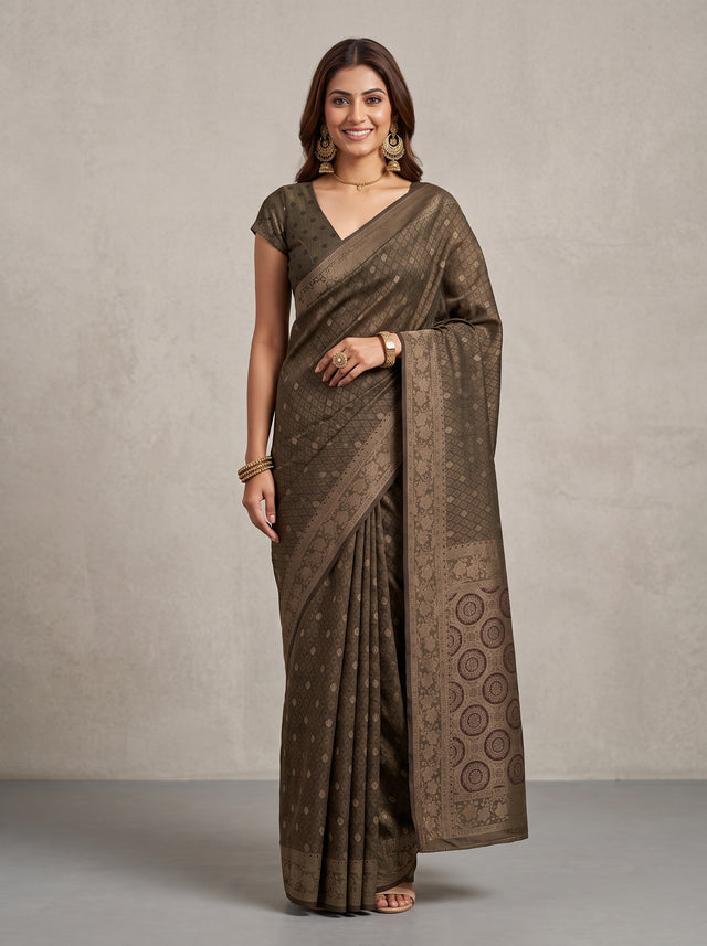 MIMOSA Chocolate Kanjivaram Saree — front view on mannequin