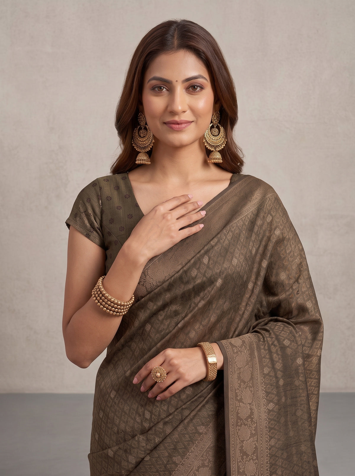 MIMOSA Chocolate Kanjivaram Saree — pose 10 styling detail