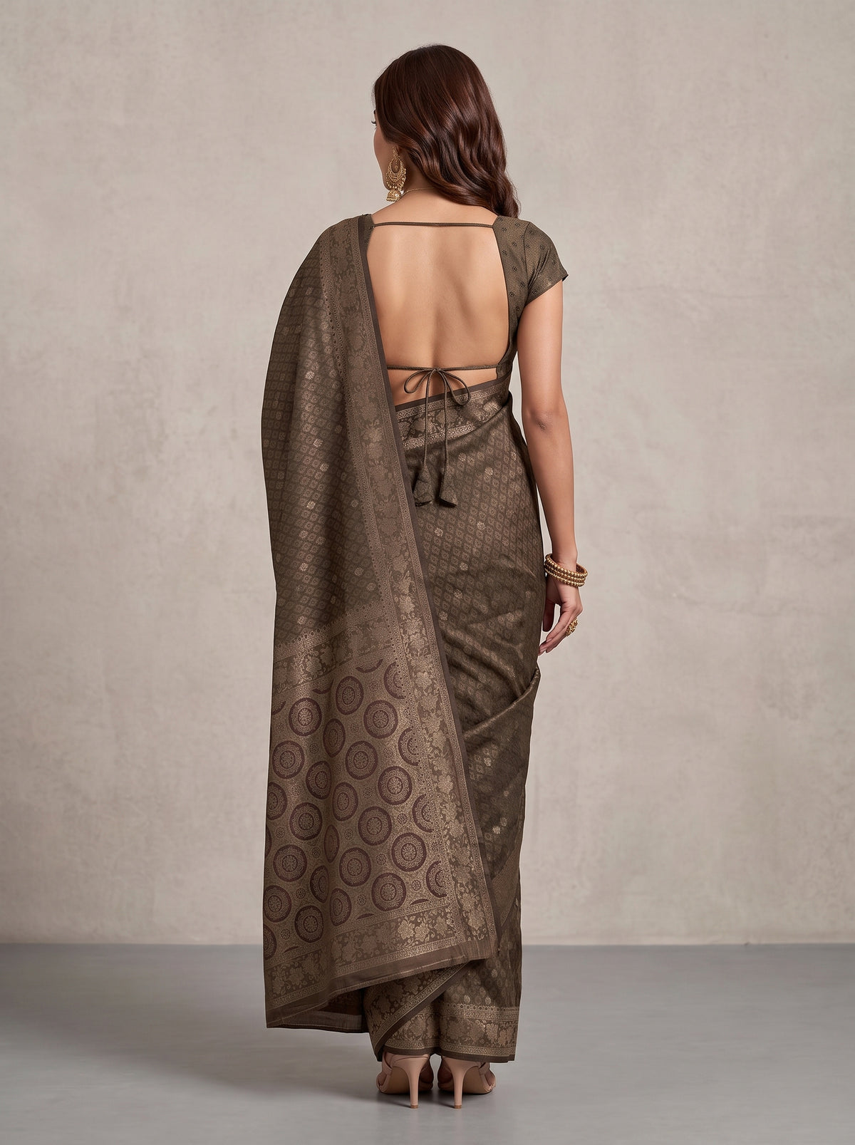 MIMOSA Chocolate Kanjivaram Saree — pose 2 styling detail