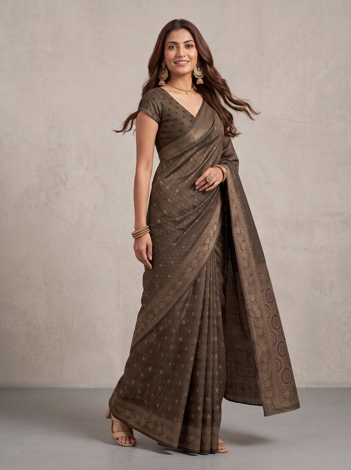 MIMOSA Chocolate Kanjivaram Saree — pose 9 styling detail
