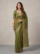 MIMOSA Olive Kanjivaram Saree — front view on mannequin