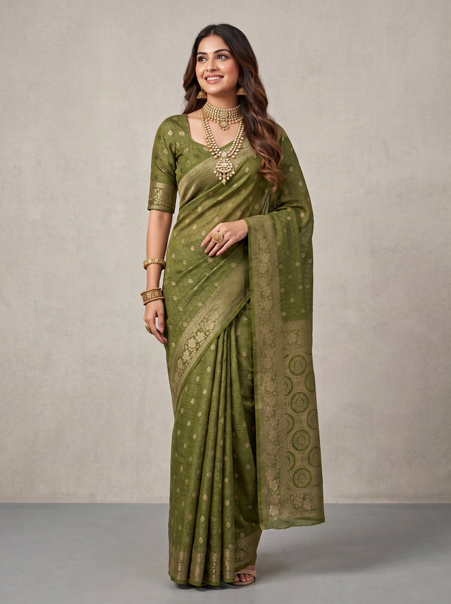 MIMOSA Olive Kanjivaram Saree — front view on mannequin