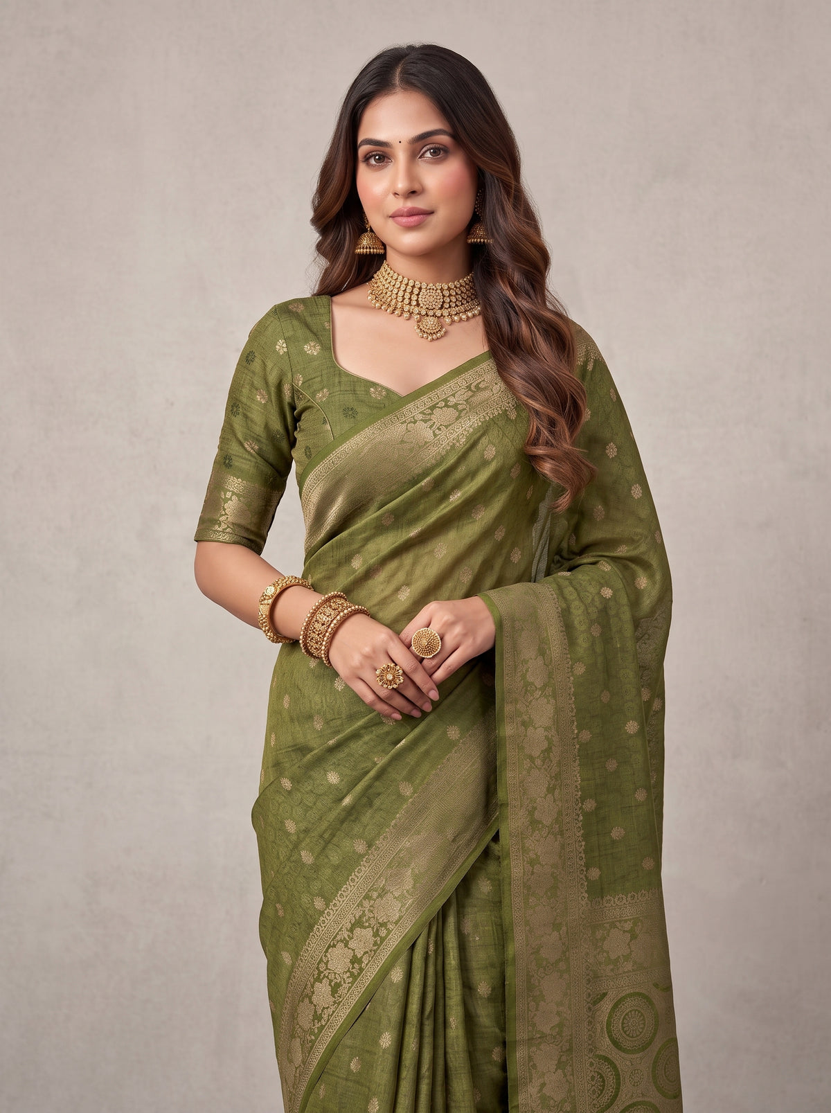 MIMOSA Olive Kanjivaram Saree — pose 10 styling detail