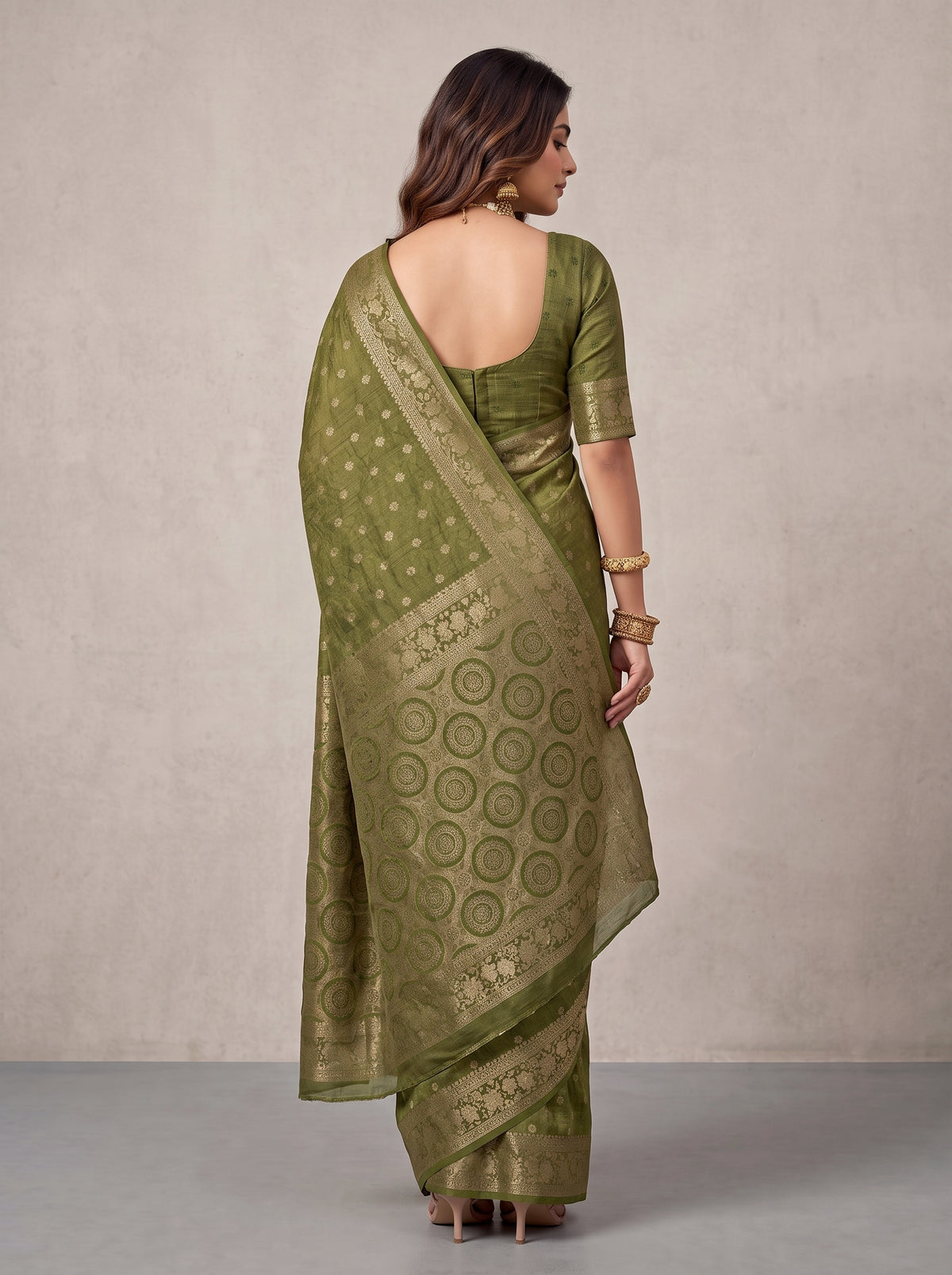 MIMOSA Olive Kanjivaram Saree — pose 2 styling detail