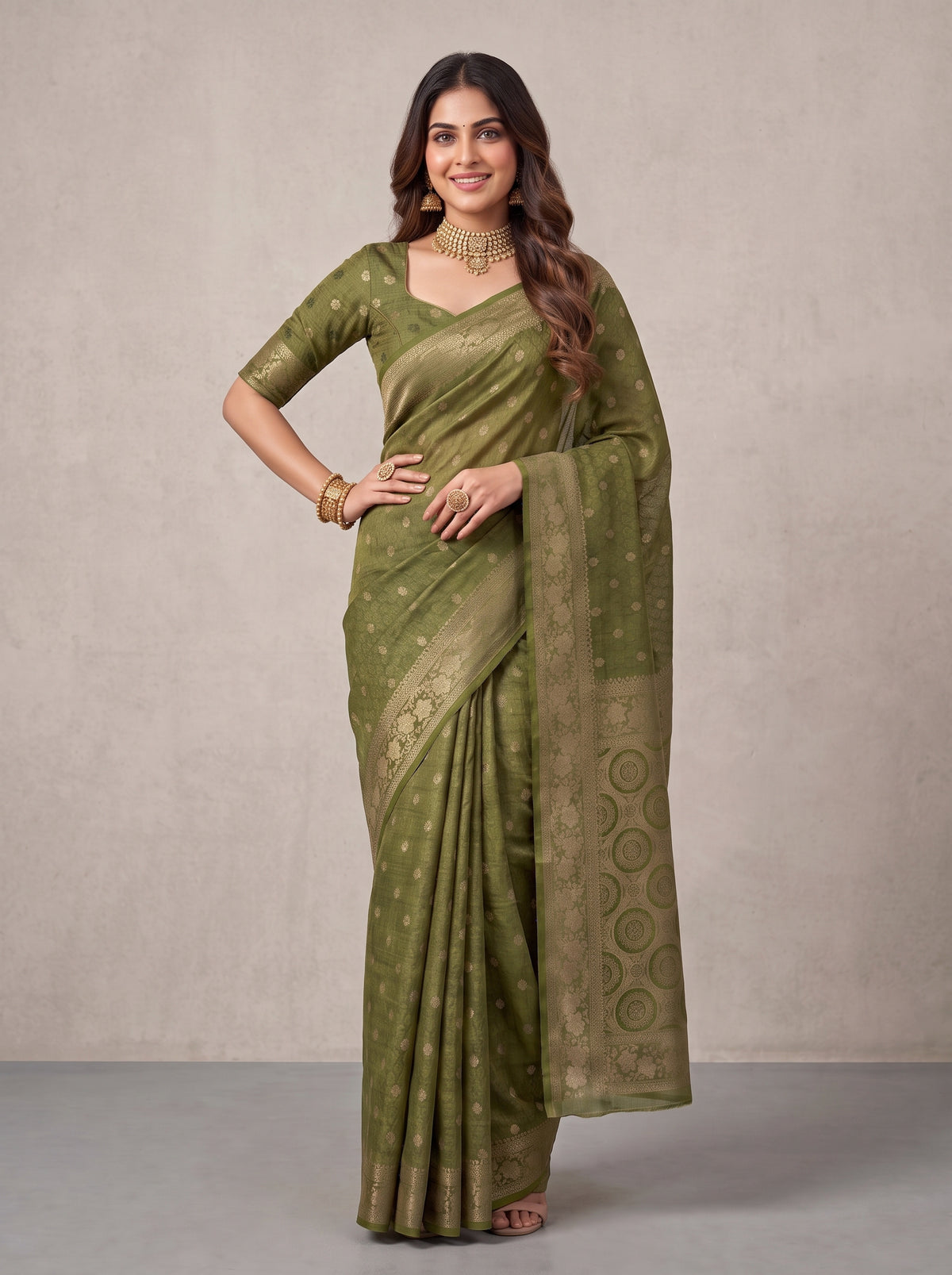 MIMOSA Olive Kanjivaram Saree — pose 4 styling detail