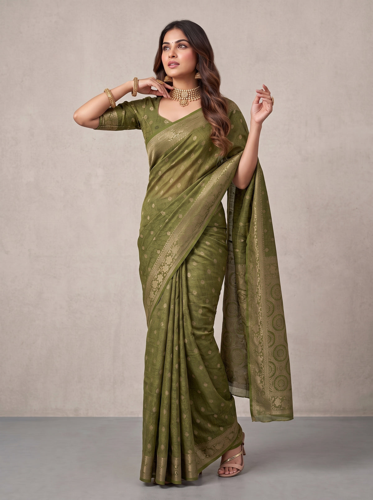 MIMOSA Olive Kanjivaram Saree — pose 5 styling detail