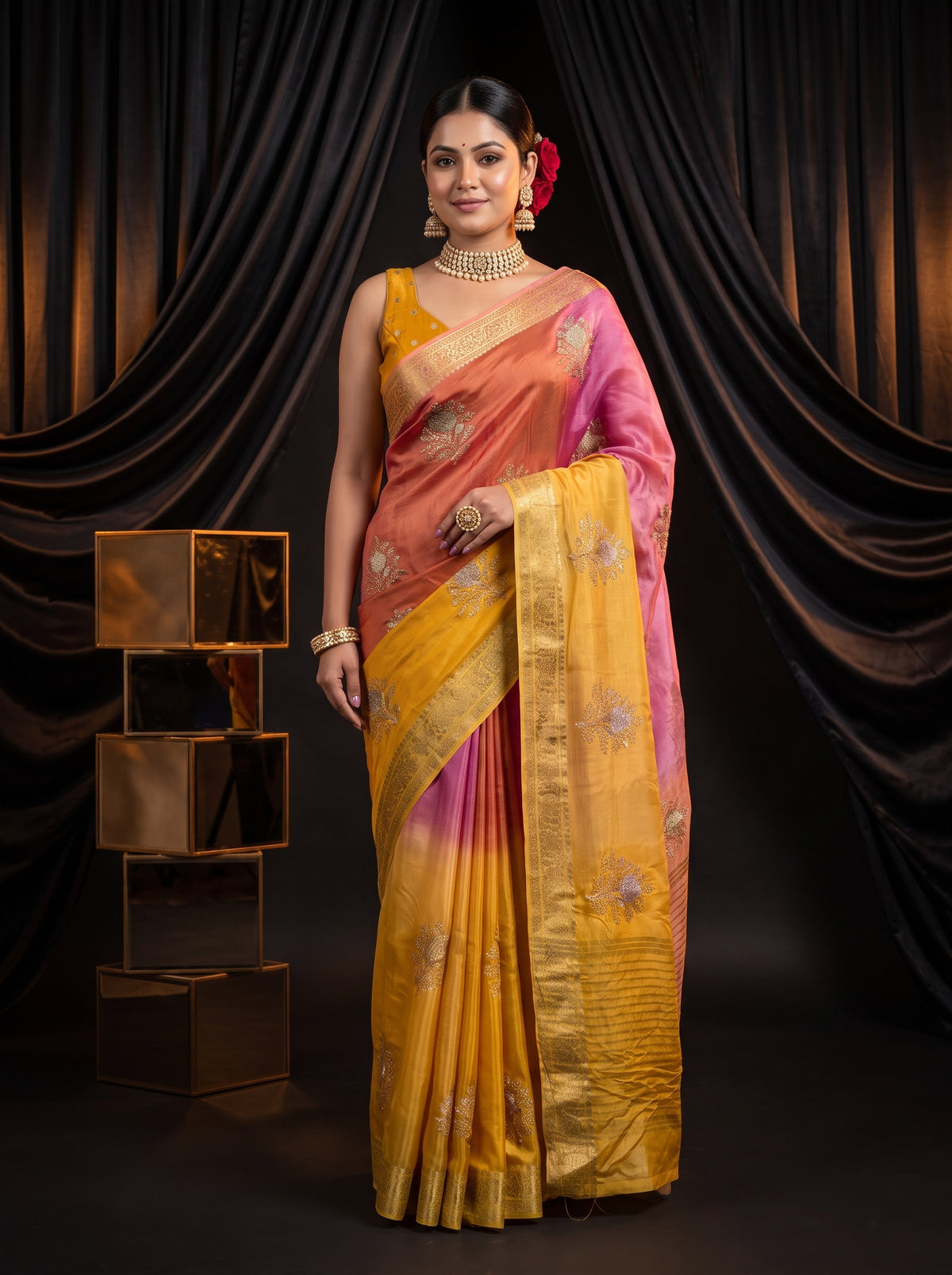 MIMOSA Gold Jaipur Saree — front view on mannequin