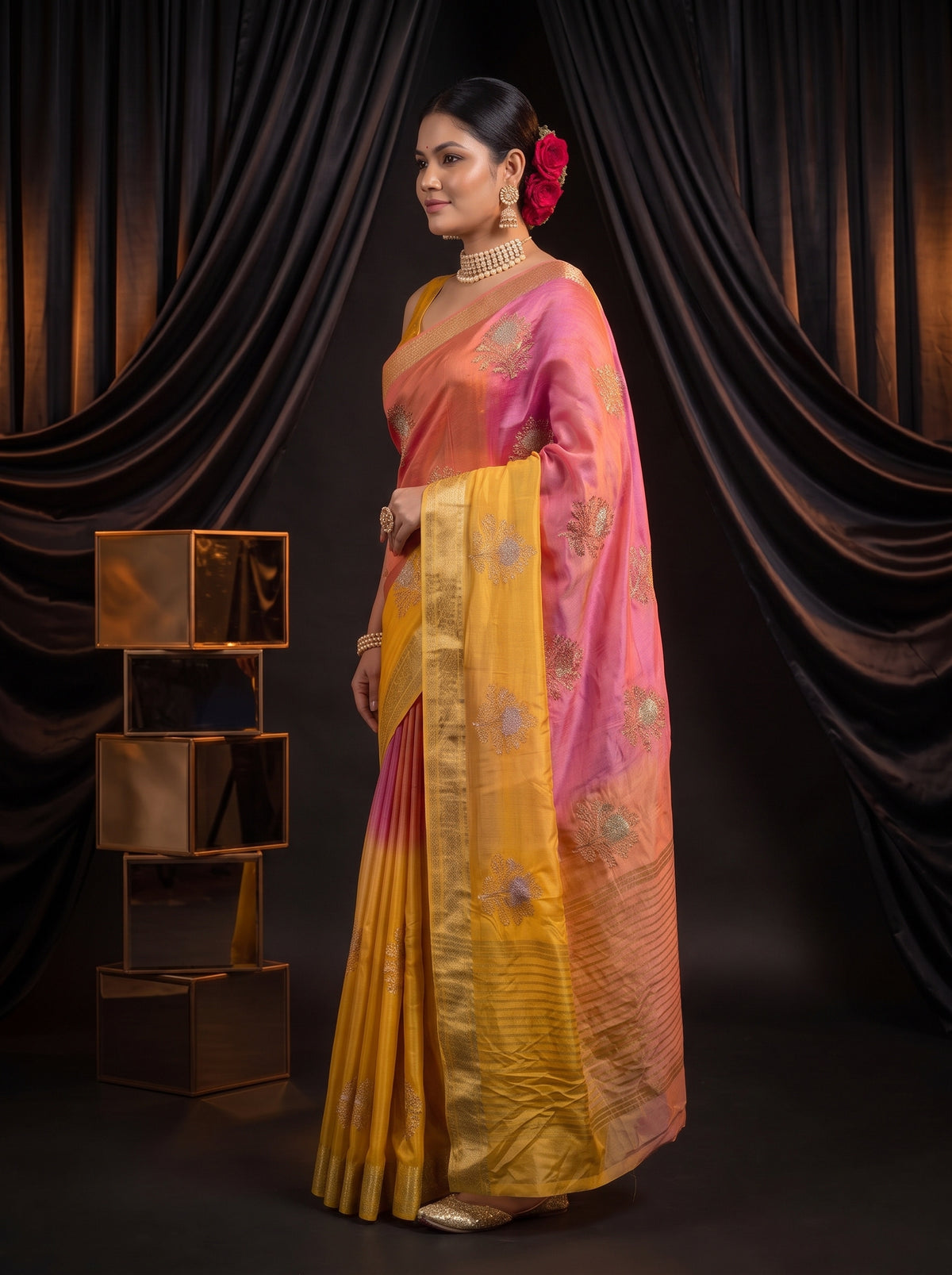 MIMOSA Gold Jaipur Saree — pose 3 styling detail