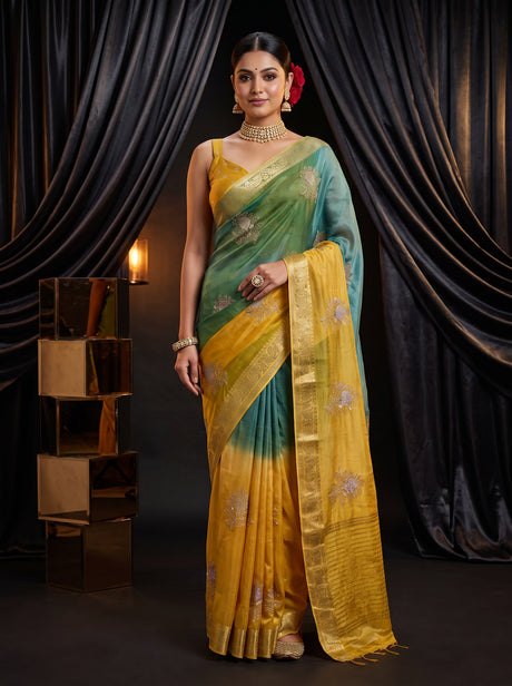 MIMOSA Mustard Jaipur Saree — front view on mannequin