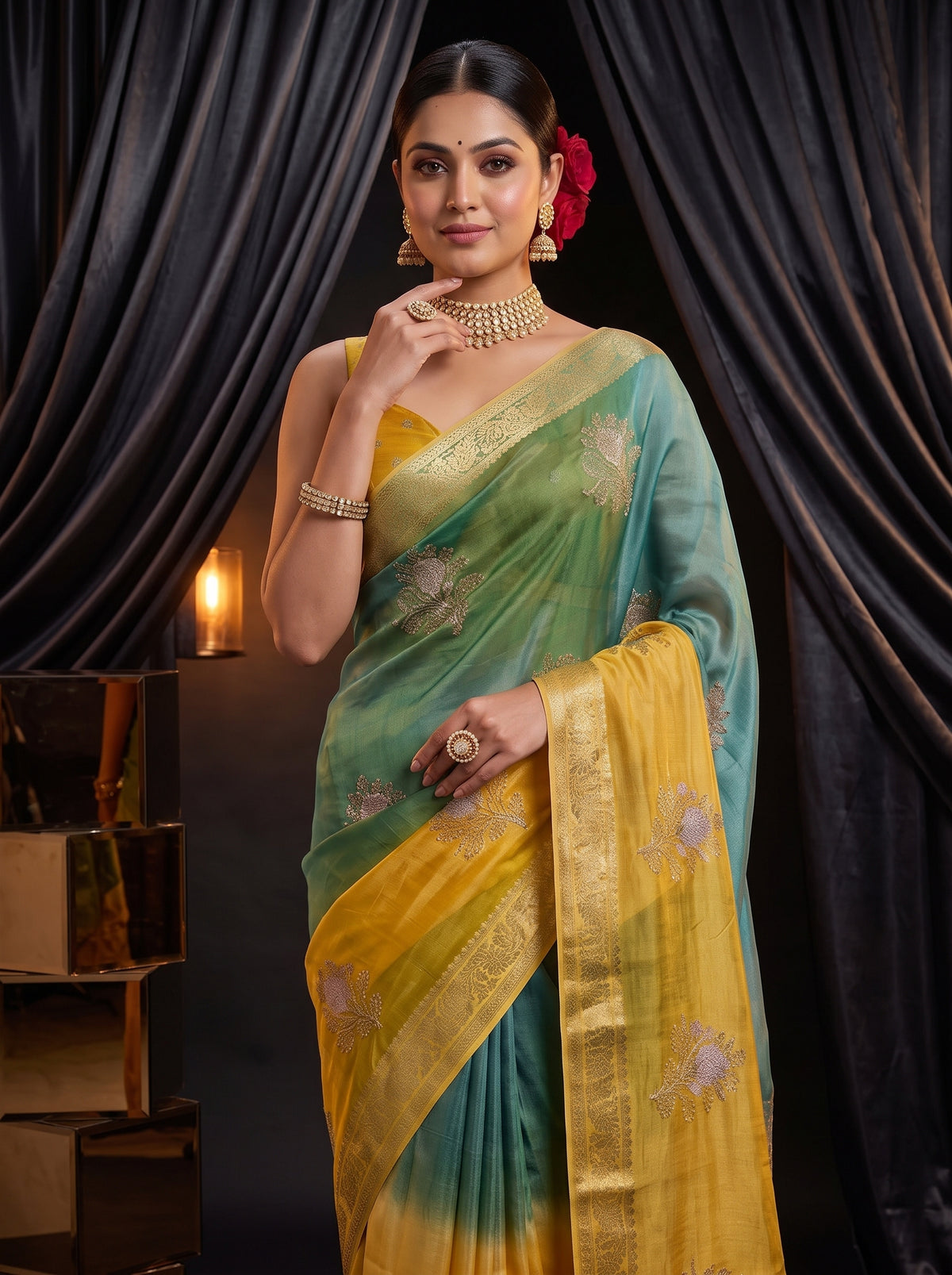 MIMOSA Mustard Jaipur Saree — pose 10 styling detail