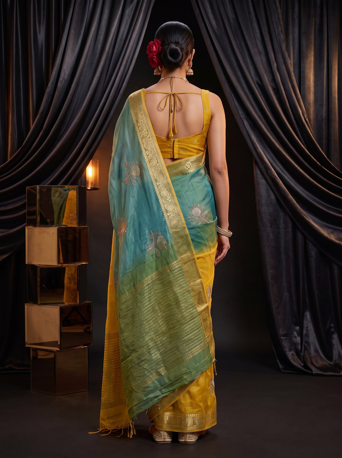 MIMOSA Mustard Jaipur Saree — pose 2 styling detail