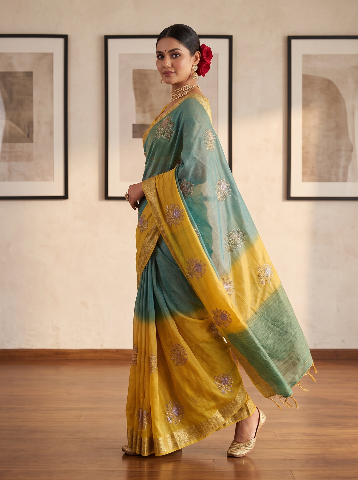 MIMOSA Mustard Jaipur Saree — pose 5 styling detail