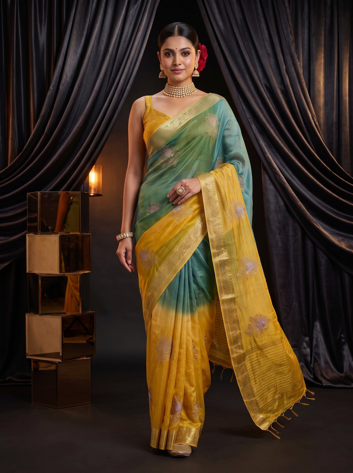 MIMOSA Mustard Jaipur Saree — pose 6 styling detail