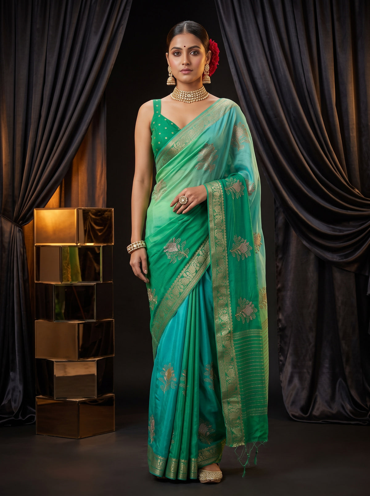 MIMOSA Rama Jaipur Saree — front view on mannequin