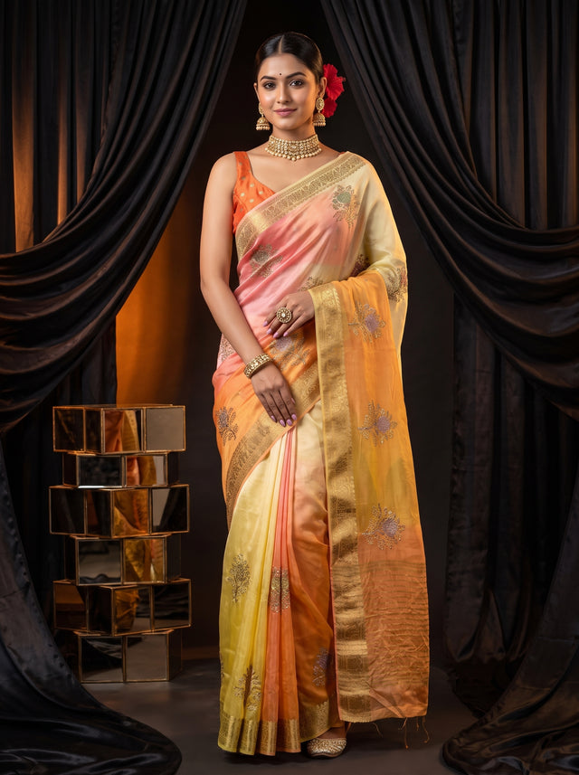 MIMOSA Yellow Jaipur Saree — front view on mannequin