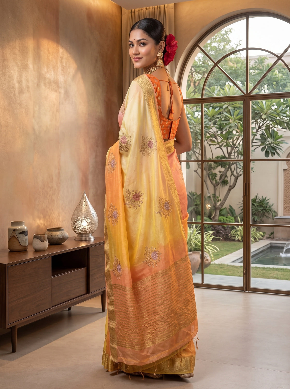 MIMOSA Yellow Jaipur Saree — pose 5 styling detail
