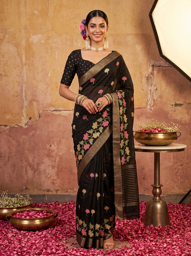 MIMOSA Black Jaipur Pure Viscose Chiffon Saree — model full shot