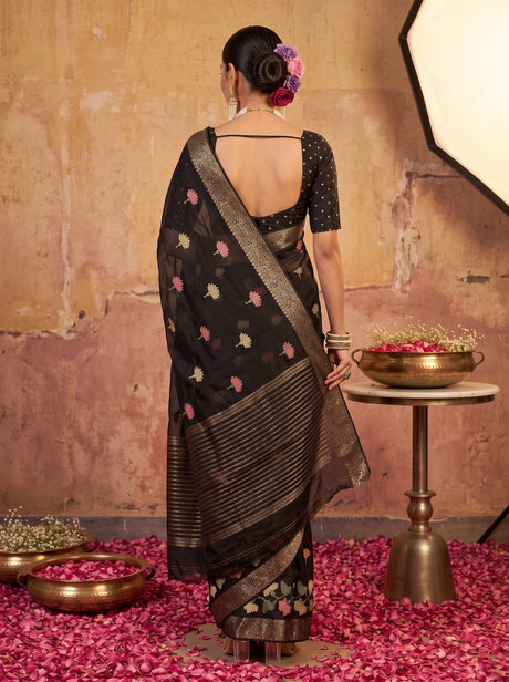 MIMOSA Black Jaipur Pure Viscose Chiffon Saree — model upper body